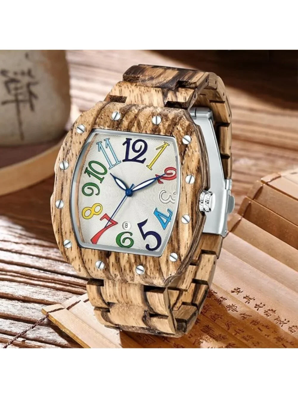 Mens Watch Two Tone Wood Rectangle Handmade Analog Dial Quartz Casual Wristwatch